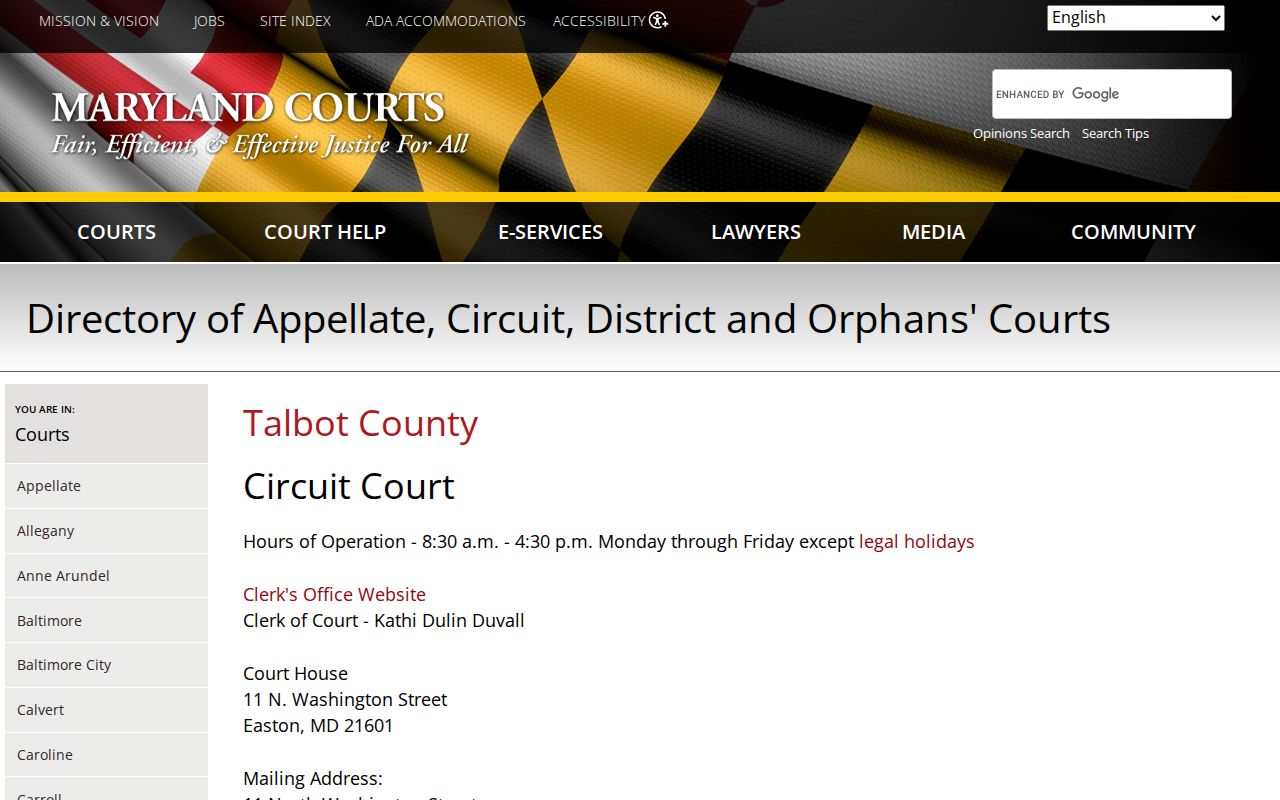 Circuit Court for Talbot County directory listing used for Talbot County warrant records requests
