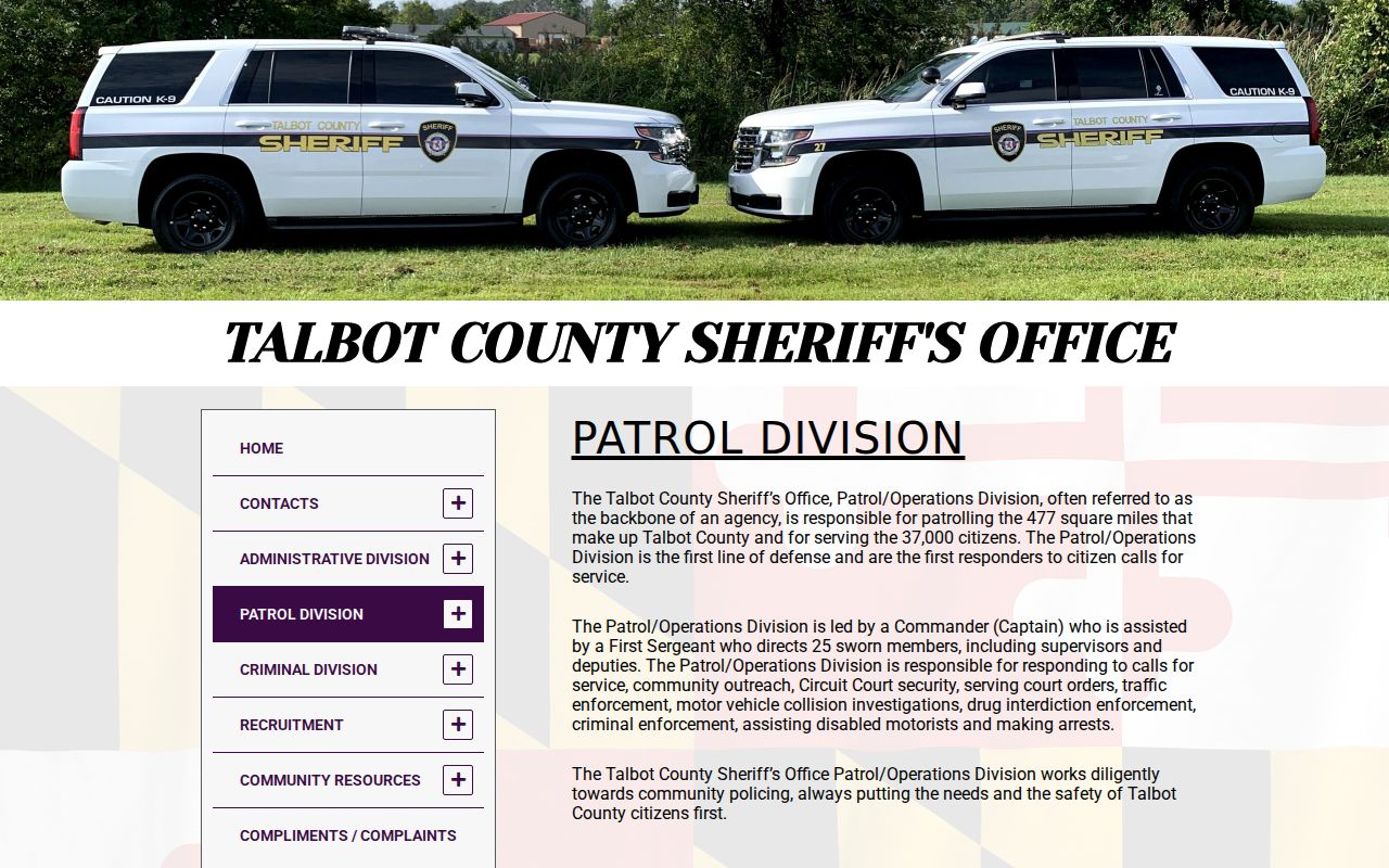 Talbot County Sheriff's Patrol Division page for Talbot County arrest warrant service