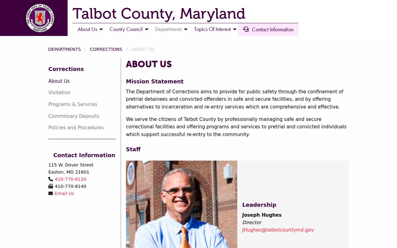 Talbot County Detention Center page for Talbot County bench warrant and commissioner questions