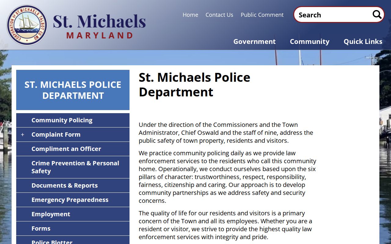 St. Michaels Police Department page for St. Michaels warrant records in Talbot County