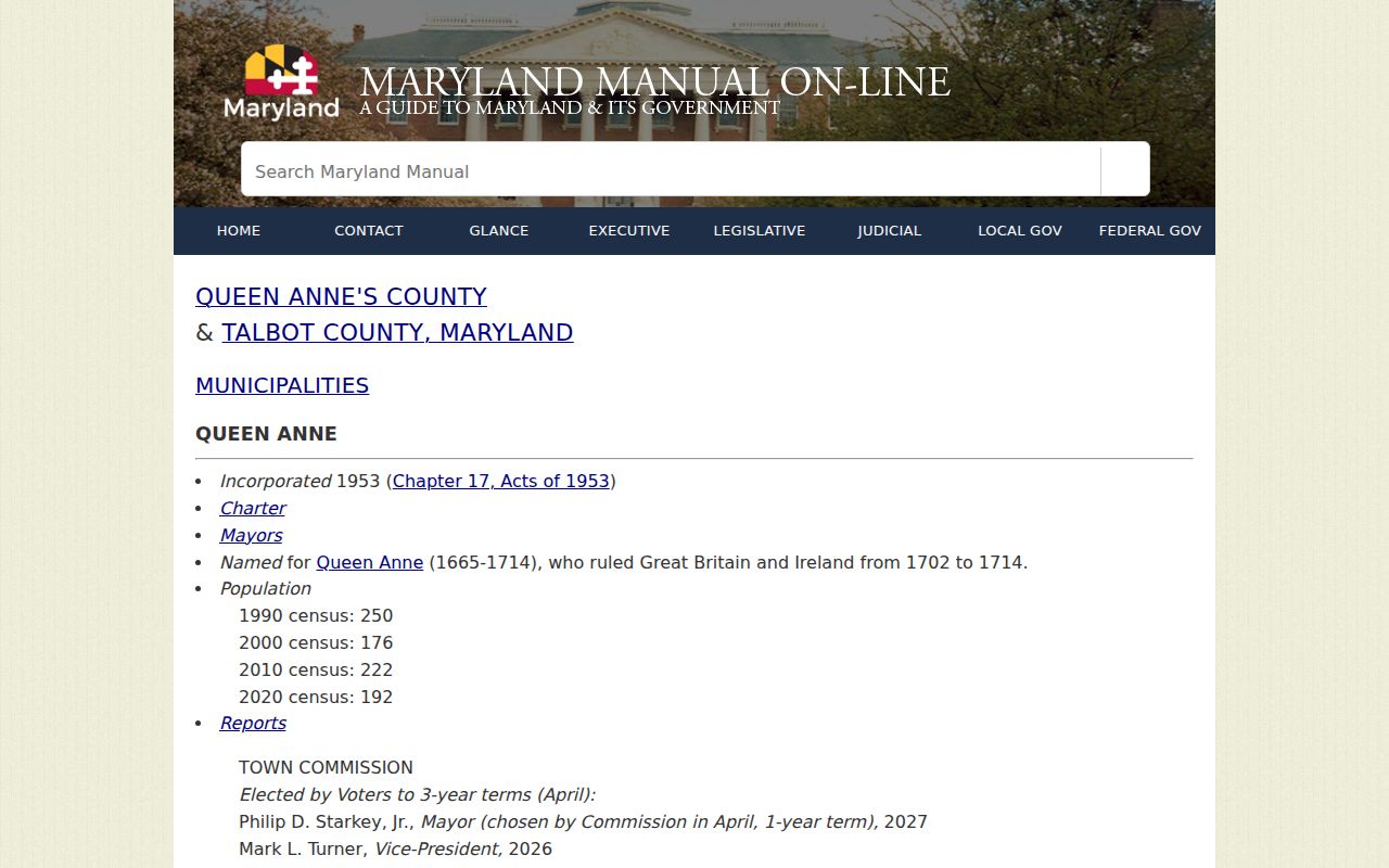 Maryland Manual Queen Anne town profile for Queen Anne warrant records