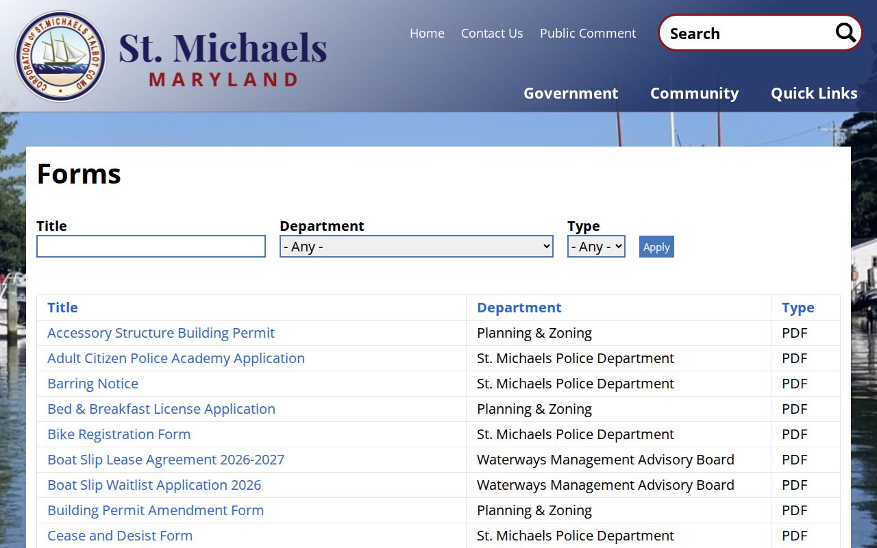St. Michaels town forms index for Talbot County municipal warrant record requests