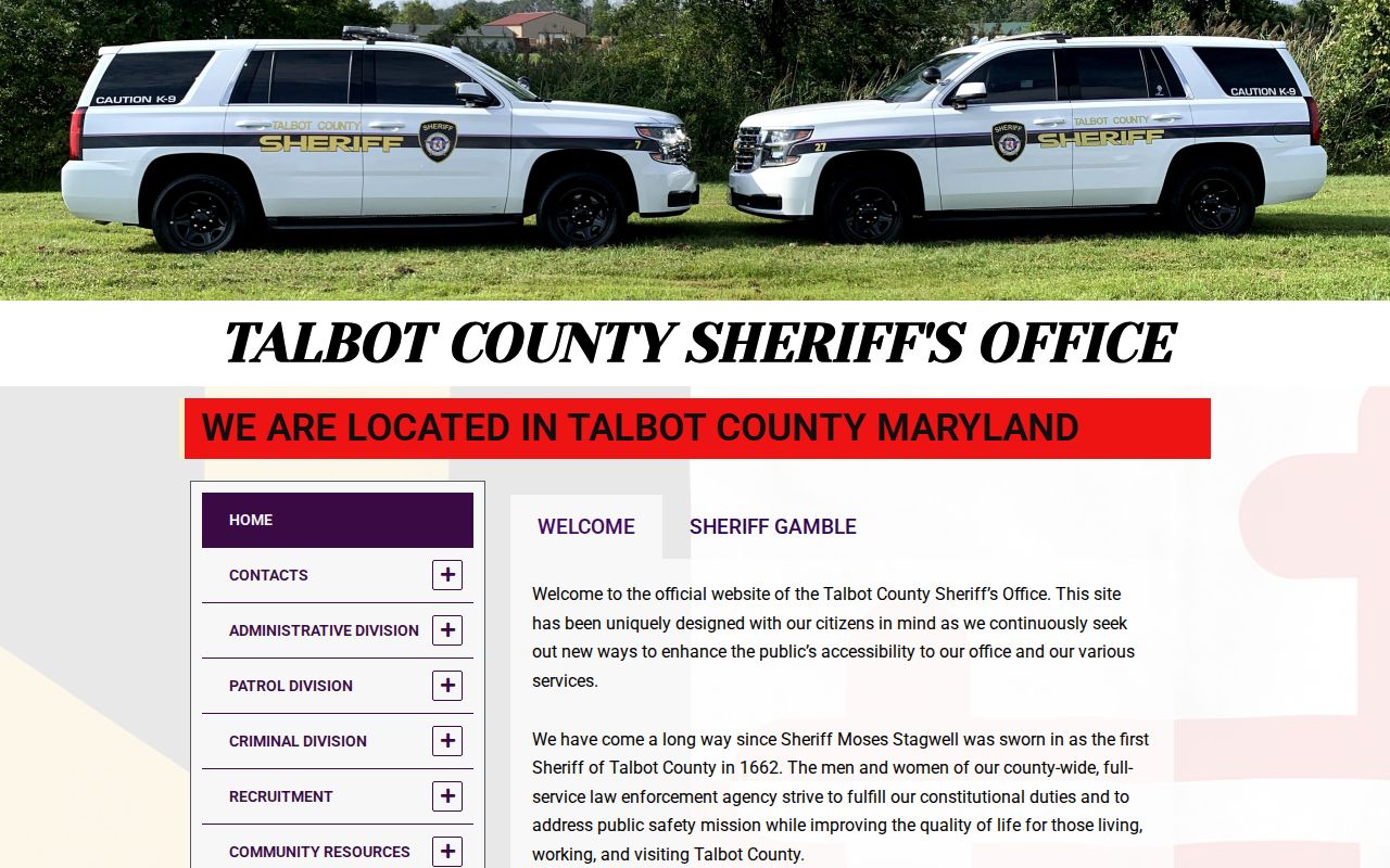 Talbot County Sheriff's Office homepage for Talbot County warrant records
