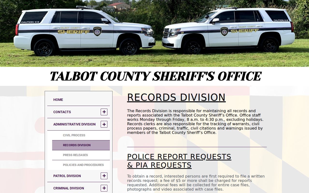 Talbot County Sheriff's Office Records Division webpage about Talbot County warrant records